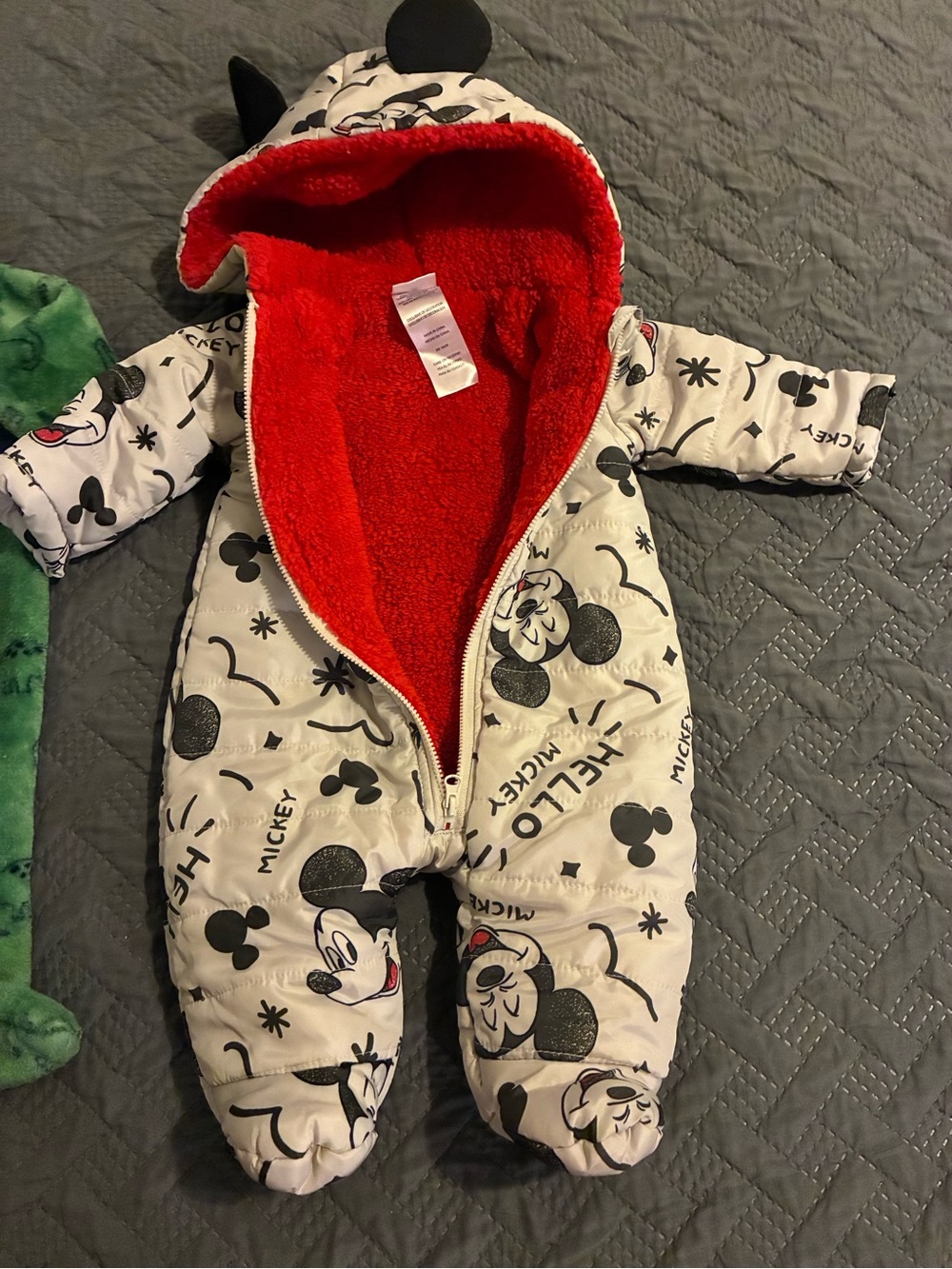 Disney White Mickey Print One-Piece Footed Snowsuit with Red Lining 0-3 months